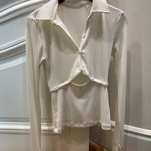 Helmut Lang ribbed white button down long sleeve top